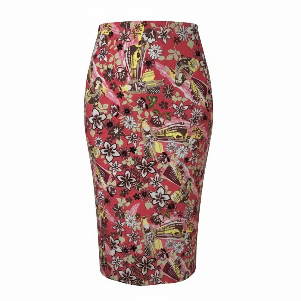 Ario Women Pencil Skirt‎ S Red Floral Hula Dancer Beaded Tropical Retro Tiki